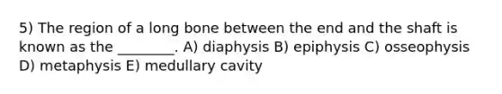 5) The region of a long bone between the end and the shaft is known as the ________. A) diaphysis B) epiphysis C) osseophysis D) metaphysis E) medullary cavity