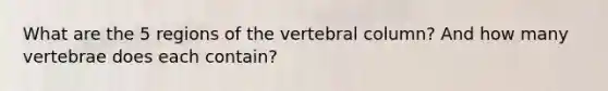 What are the 5 regions of the vertebral column? And how many vertebrae does each contain?