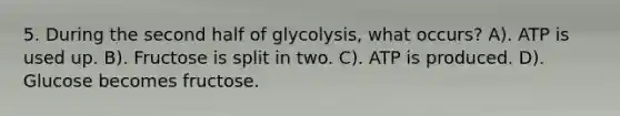 5. During the second half of glycolysis, what occurs? A). ATP is used up. B). Fructose is split in two. C). ATP is produced. D). Glucose becomes fructose.