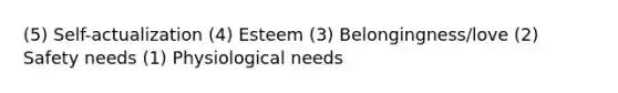 (5) Self-actualization (4) Esteem (3) Belongingness/love (2) Safety needs (1) Physiological needs