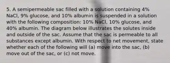 5. A semipermeable sac filled with a solution containing 4% NaCl, 9% glucose, and 10% albumin is suspended in a solution with the following composition: 10% NaCl, 10% glucose, and 40% albumin. The diagram below illustrates the solutes inside and outside of the sac. Assume that the sac is permeable to all substances except albumin. With respect to net movement, state whether each of the following will (a) move into the sac, (b) move out of the sac, or (c) not move.