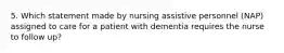 5. Which statement made by nursing assistive personnel (NAP) assigned to care for a patient with dementia requires the nurse to follow up?