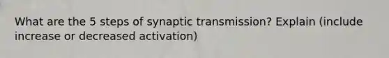 What are the 5 steps of synaptic transmission? Explain (include increase or decreased activation)