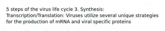 5 steps of the virus life cycle 3. Synthesis: Transcription/Translation: Viruses utilize several unique strategies for the production of mRNA and viral specific proteins