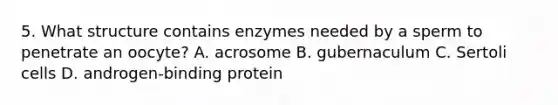 5. What structure contains enzymes needed by a sperm to penetrate an oocyte? A. acrosome B. gubernaculum C. Sertoli cells D. androgen-binding protein