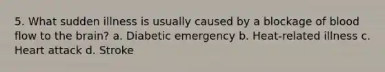 5. What sudden illness is usually caused by a blockage of blood flow to the brain? a. Diabetic emergency b. Heat-related illness c. Heart attack d. Stroke