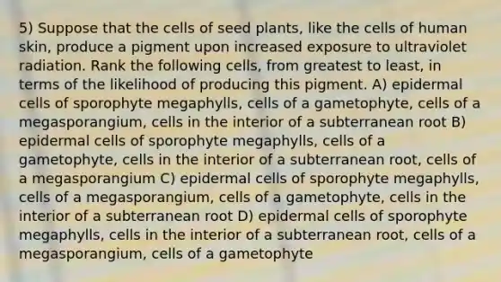 5) Suppose that the cells of seed plants, like the cells of human skin, produce a pigment upon increased exposure to ultraviolet radiation. Rank the following cells, from greatest to least, in terms of the likelihood of producing this pigment. A) epidermal cells of sporophyte megaphylls, cells of a gametophyte, cells of a megasporangium, cells in the interior of a subterranean root B) epidermal cells of sporophyte megaphylls, cells of a gametophyte, cells in the interior of a subterranean root, cells of a megasporangium C) epidermal cells of sporophyte megaphylls, cells of a megasporangium, cells of a gametophyte, cells in the interior of a subterranean root D) epidermal cells of sporophyte megaphylls, cells in the interior of a subterranean root, cells of a megasporangium, cells of a gametophyte