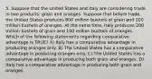 5. Suppose that the United States and Italy are considering trade in two products: grain and oranges. Suppose that before trade, the United States produces 800 million bushels of grain and 200 million bushels of oranges. At the same time, Italy produces 200 million bushels of grain and 100 million bushels of oranges. Which of the following statements regarding comparative advantage is TRUE? A) Italy has a comparative advantage in producing oranges only. B) The United States has a comparative advantage in producing oranges only. C) The United States has a comparative advantage in producing both grain and oranges. D) Italy has a comparative advantage in producing both grain and oranges.