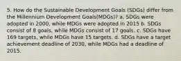 5. How do the Sustainable Development Goals (SDGs) differ from the Millennium Development Goals(MDGs)? a. SDGs were adopted in 2000, while MDGs were adopted in 2015 b. SDGs consist of 8 goals, while MDGs consist of 17 goals. c. SDGs have 169 targets, while MDGs have 15 targets. d. SDGs have a target achievement deadline of 2030, while MDGs had a deadline of 2015.