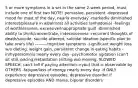 5 or more symptoms in a set in the same 2-week period, must include one of first two NOTE! pervasive, persistent -depressed mood for most of the day, nearly everyday -markedly diminished interest/pleasure in all/almost all activities (anhedonia) -feelings of worthlessness, excessive/inappropriate guilt -diminished ability to think/concentrate, indecisiveness -recurrent thoughts of death/suicide, suicide attempt, suicidal ideation (specific plan to take one's life) ———cognitive symptoms -significant weight loss w/o dieting, weight gain, persistent change in eating habits -in/hypersomnia nearly every day -psychomotor agitation (can't sit still, pacing)/retardation (sitting w/o moving, SLOWED SPEECH, can't tell if paying attention->you) that is observable by OTHERS -fatigue/loss of energy nearly every day -if ONLY experience depressive episodes, depressive disorder if depressive episodes AND mania, bipolar disorders