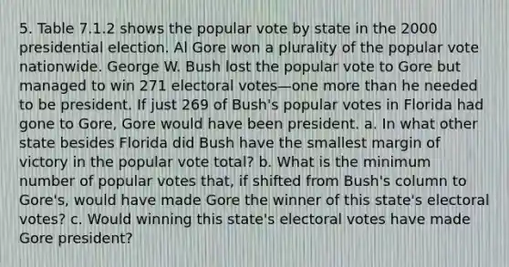 5. Table 7.1.2 shows the popular vote by state in the 2000 presidential election. Al Gore won a plurality of the popular vote nationwide. George W. Bush lost the popular vote to Gore but managed to win 271 electoral votes—one more than he needed to be president. If just 269 of Bush's popular votes in Florida had gone to Gore, Gore would have been president. a. In what other state besides Florida did Bush have the smallest margin of victory in the popular vote total? b. What is the minimum number of popular votes that, if shifted from Bush's column to Gore's, would have made Gore the winner of this state's electoral votes? c. Would winning this state's electoral votes have made Gore president?