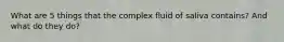 What are 5 things that the complex fluid of saliva contains? And what do they do?