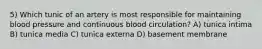 5) Which tunic of an artery is most responsible for maintaining blood pressure and continuous blood circulation? A) tunica intima B) tunica media C) tunica externa D) basement membrane