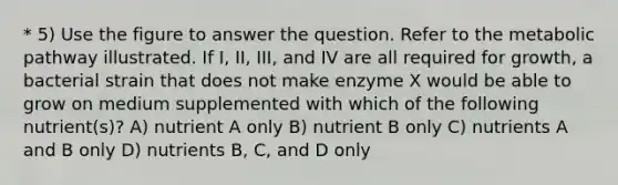 * 5) Use the figure to answer the question. Refer to the metabolic pathway illustrated. If I, II, III, and IV are all required for growth, a bacterial strain that does not make enzyme X would be able to grow on medium supplemented with which of the following nutrient(s)? A) nutrient A only B) nutrient B only C) nutrients A and B only D) nutrients B, C, and D only