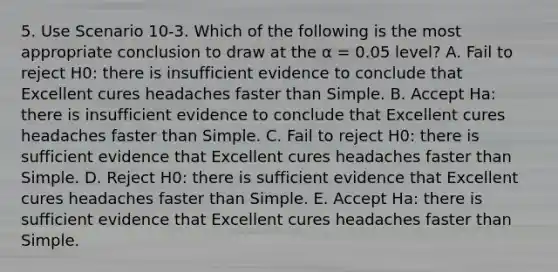 5. Use Scenario 10-3. Which of the following is the most appropriate conclusion to draw at the α = 0.05 level? A. Fail to reject H0: there is insufficient evidence to conclude that Excellent cures headaches faster than Simple. B. Accept Ha: there is insufficient evidence to conclude that Excellent cures headaches faster than Simple. C. Fail to reject H0: there is sufficient evidence that Excellent cures headaches faster than Simple. D. Reject H0: there is sufficient evidence that Excellent cures headaches faster than Simple. E. Accept Ha: there is sufficient evidence that Excellent cures headaches faster than Simple.