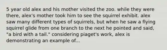 5 year old alex and his mother visited the zoo. while they were there, alex's mother took him to see the squirrel exhibit. alex saw many different types of squirrels, but when he saw a flying squirrel glide from one branch to the next he pointed and said, "a bird with a tail." considering piaget's work, alex is demonstrating an example of...