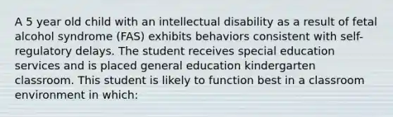 A 5 year old child with an intellectual disability as a result of fetal alcohol syndrome (FAS) exhibits behaviors consistent with self-regulatory delays. The student receives special education services and is placed general education kindergarten classroom. This student is likely to function best in a classroom environment in which: