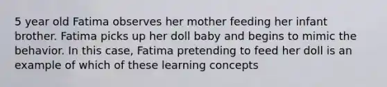 5 year old Fatima observes her mother feeding her infant brother. Fatima picks up her doll baby and begins to mimic the behavior. In this case, Fatima pretending to feed her doll is an example of which of these learning concepts