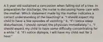 A 5 year old sustained a concussion when falling out of a tree. In preparation for discharge, the nurse is discussing home care with the mother. Which statement made by the mother indicates a correct understanding of the teaching? a. "I should expect my child to have a few episodes of vomiting." b. "If I notice sleep disturbances, I should contact the physician immediately." c. "I should expect my child to have some difficulty concentrating for a while." d. "If I notice diplopia, I will have my child rest for 1 hour."