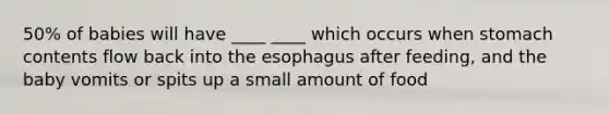 50% of babies will have ____ ____ which occurs when stomach contents flow back into <a href='https://www.questionai.com/knowledge/kSjVhaa9qF-the-esophagus' class='anchor-knowledge'>the esophagus</a> after feeding, and the baby vomits or spits up a small amount of food