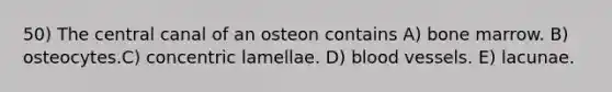 50) The central canal of an osteon contains A) bone marrow. B) osteocytes.C) concentric lamellae. D) blood vessels. E) lacunae.