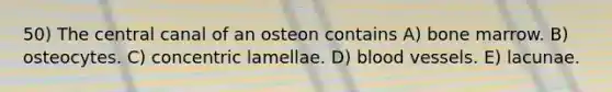 50) The central canal of an osteon contains A) bone marrow. B) osteocytes. C) concentric lamellae. D) <a href='https://www.questionai.com/knowledge/kZJ3mNKN7P-blood-vessels' class='anchor-knowledge'>blood vessels</a>. E) lacunae.