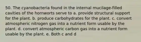 50. The cyanobacteria found in the internal mucilage-filled cavities of the hornworts serve to a. provide structural support for the plant. b. produce carbohydrates for the plant. c. convert atmospheric nitrogen gas into a nutrient form usable by the plant. d. convert atmospheric carbon gas into a nutrient form usable by the plant. e. Both c and d