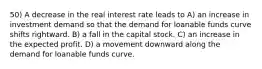 50) A decrease in the real interest rate leads to A) an increase in investment demand so that the demand for loanable funds curve shifts rightward. B) a fall in the capital stock. C) an increase in the expected profit. D) a movement downward along the demand for loanable funds curve.