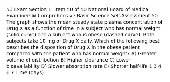 50 Exam Section 1: Item 50 of 50 National Board of Medical Examiners® Comprehensive Basic Science Self-Assessment 50. The graph shows the mean steady state plasma concentration of Drug X as a function of time in a subject who has normal weight (solid curve) and a subject who is obese (dashed curve). Both subjects take 10 mg of Drug X daily. Which of the following best describes the disposition of Drug X in the obese patient compared with the patient who has normal weight? A) Greater volume of distribution B) Higher clearance C) Lower bioavailability D) Slower absorption rate E) Shorter half-life 1 3 4 6 7 Time (days)