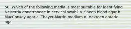 50. Which of the following media is most suitable for identifying Neiserria gonorrhoeae in cervical swab? a. Sheep blood agar b. MacConkey agar c. Thayer-Martin medium d. Hektoen enteric aga