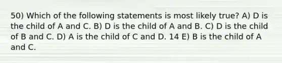 50) Which of the following statements is most likely true? A) D is the child of A and C. B) D is the child of A and B. C) D is the child of B and C. D) A is the child of C and D. 14 E) B is the child of A and C.