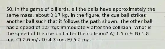 50. In the game of billiards, all the balls have approximately the same mass, about 0.17 kg. In the figure, the cue ball strikes another ball such that it follows the path shown. The other ball has a speed of 1.5 m/s immediately after the collision. What is the speed of the cue ball after the collision? A) 1.5 m/s B) 1.8 m/s C) 2.6 m/s D) 4.3 m/s E) 5.2 m/s