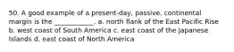 50. A good example of a present-day, passive, continental margin is the ____________. a. north flank of the East Pacific Rise b. west coast of South America c. east coast of the Japanese Islands d. east coast of North America