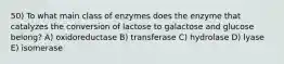 50) To what main class of enzymes does the enzyme that catalyzes the conversion of lactose to galactose and glucose belong? A) oxidoreductase B) transferase C) hydrolase D) lyase E) isomerase