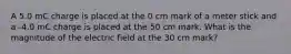 A 5.0 mC charge is placed at the 0 cm mark of a meter stick and a -4.0 mC charge is placed at the 50 cm mark. What is the magnitude of the electric field at the 30 cm mark?