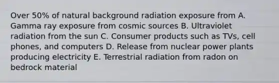 Over 50% of natural background radiation exposure from A. Gamma ray exposure from cosmic sources B. Ultraviolet radiation from the sun C. Consumer products such as TVs, cell phones, and computers D. Release from <a href='https://www.questionai.com/knowledge/ku6hn4lokc-nuclear-power' class='anchor-knowledge'>nuclear power</a> plants producing electricity E. Terrestrial radiation from radon on bedrock material