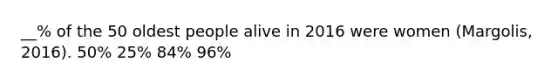 __% of the 50 oldest people alive in 2016 were women (Margolis, 2016). 50% 25% 84% 96%