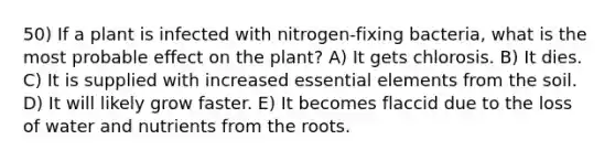 50) If a plant is infected with nitrogen-fixing bacteria, what is the most probable effect on the plant? A) It gets chlorosis. B) It dies. C) It is supplied with increased essential elements from the soil. D) It will likely grow faster. E) It becomes flaccid due to the loss of water and nutrients from the roots.