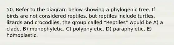 50. Refer to the diagram below showing a phylogenic tree. If birds are not considered reptiles, but reptiles include turtles, lizards and crocodiles, the group called "Reptiles" would be A) a clade. B) monophyletic. C) polyphyletic. D) paraphyletic. E) homoplastic.