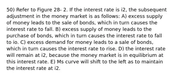 50) Refer to Figure 28- 2. If the interest rate is i2, the subsequent adjustment in the money market is as follows: A) excess supply of money leads to the sale of bonds, which in turn causes the interest rate to fall. B) excess supply of money leads to the purchase of bonds, which in turn causes the interest rate to fall to io. C) excess demand for money leads to a sale of bonds, which in turn causes the interest rate to rise. D) the interest rate will remain at i2, because the money market is in equilibrium at this interest rate. E) Ms curve will shift to the left as to maintain the interest rate at i2.