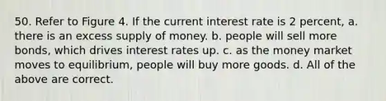 50. Refer to Figure 4. If the current interest rate is 2 percent, a. there is an excess supply of money. b. people will sell more bonds, which drives interest rates up. c. as the money market moves to equilibrium, people will buy more goods. d. All of the above are correct.