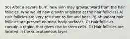 50) After a severe burn, new skin may growoutward from the hair follicles. Why would new growth originate at the hair follicles? A) Hair follicles are very resistant to fire and heat. B) Abundant hair follicles are present on most body surfaces. C) Hair follicles contain a region that gives rise to stem cells. D) Hair follicles are located in the subcutaneous layer.