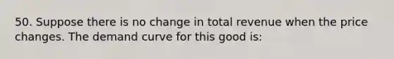 50. Suppose there is no change in total revenue when the price changes. The demand curve for this good is: