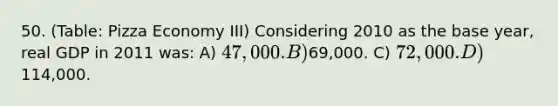 50. (Table: Pizza Economy III) Considering 2010 as the base year, real GDP in 2011 was: A) 47,000. B)69,000. C) 72,000. D)114,000.