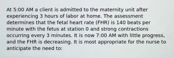 At 5:00 AM a client is admitted to the maternity unit after experiencing 3 hours of labor at home. The assessment determines that the fetal heart rate (FHR) is 140 beats per minute with the fetus at station 0 and strong contractions occurring every 3 minutes. It is now 7:00 AM with little progress, and the FHR is decreasing. It is most appropriate for the nurse to anticipate the need to: