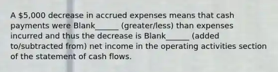 A 5,000 decrease in accrued expenses means that cash payments were Blank______ (greater/less) than expenses incurred and thus the decrease is Blank______ (added to/subtracted from) net income in the operating activities section of the statement of cash flows.