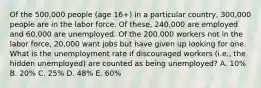 Of the 500,000 people (age 16+) in a particular country, 300,000 people are in the labor force. Of these, 240,000 are employed and 60,000 are unemployed. Of the 200,000 workers not in the labor force, 20,000 want jobs but have given up looking for one. What is the unemployment rate if discouraged workers (i.e., the hidden unemployed) are counted as being unemployed? A. 10% B. 20% C. 25% D. 48% E. 60%