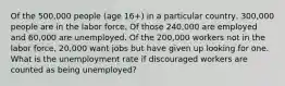 Of the 500,000 people (age 16+) in a particular country, 300,000 people are in the labor force. Of those 240,000 are employed and 60,000 are unemployed. Of the 200,000 workers not in the labor force, 20,000 want jobs but have given up looking for one. What is the unemployment rate if discouraged workers are counted as being unemployed?