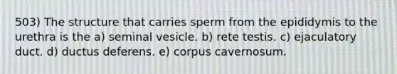 503) The structure that carries sperm from the epididymis to the urethra is the a) seminal vesicle. b) rete testis. c) ejaculatory duct. d) ductus deferens. e) corpus cavernosum.