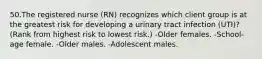 50.The registered nurse (RN) recognizes which client group is at the greatest risk for developing a urinary tract infection (UTI)? (Rank from highest risk to lowest risk.) -Older females. -School-age female. -Older males. -Adolescent males.